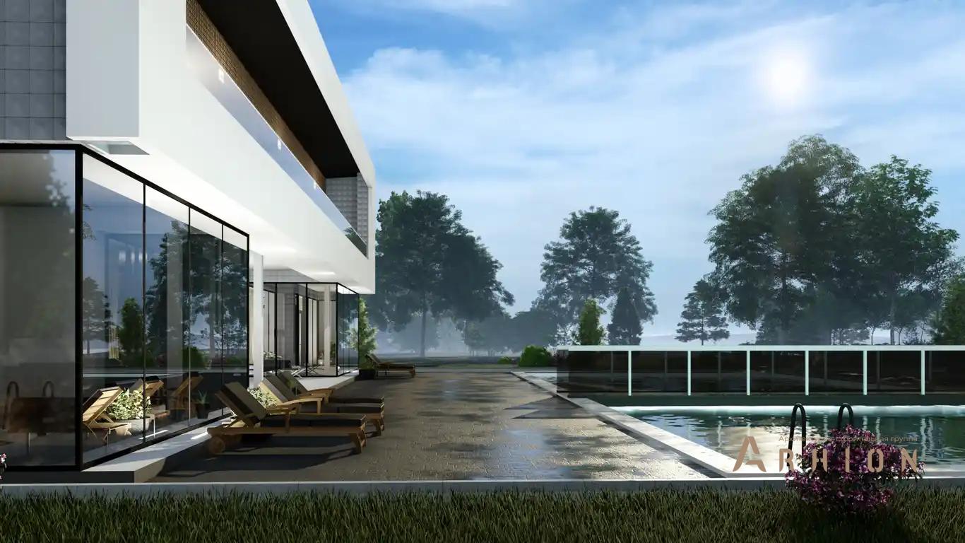 4. Проект двухэтажного дома в стиле хай-тек с плоской кровлей , h-1605, площадью - 451 кв c сауной, терассой, балконом, бассейном